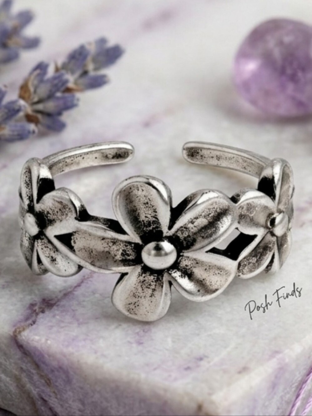 NWT 925 Sterling Silver Vintage Plumeria Daisy Flower Adjustable Ring 🌸